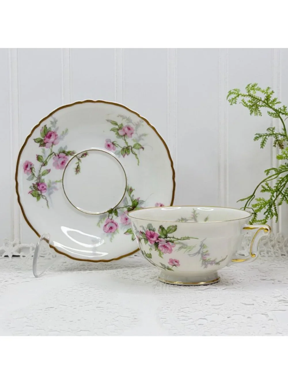 VTG Set of 5 Haviland Limoges Sylvia Teacups & Saucers Pink Roses Cottagecore